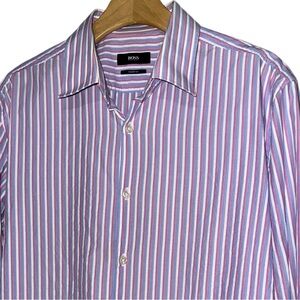 Hugo Boss Men’s Size 16.5 Purple White Blue Striped Button Down Shirt